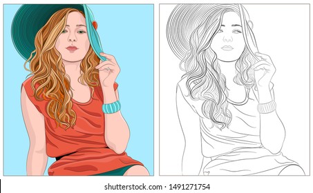 Portrait of a girl in a hat and an orange sweater, coloring book