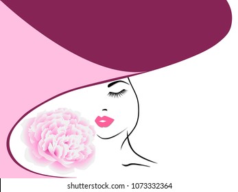 Portrait of a girl in a hat with a pink pion.
