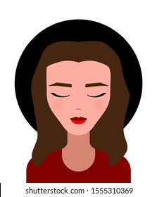 Portrait of a girl in a hat. Smiling white woman with brown hair and closed eyes. Character with makeup, red lips and blush. Vector stock illustration. The man in the front in a minimalist style