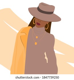 Portrait of a girl in a hat. Vector illustration in flat style. Fashion girl