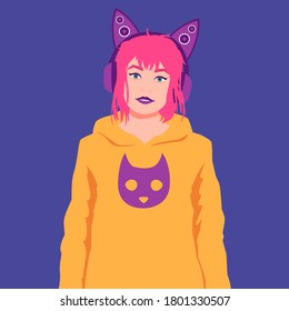 Portrait of a girl in headphones with cat ears. Avatar for social networks. Colorful vector illustration in flat cartoon style.