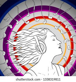 Portrait of a girl with headphones. Vector sketch.