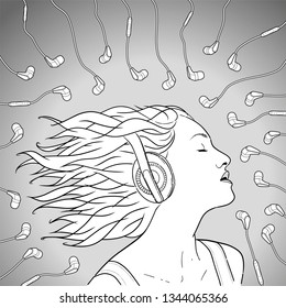 Portrait of a girl with headphones. Vector sketch.