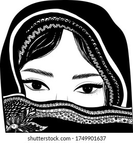 Portrait of a girl in a headscarf close-up. Oriental beauty. Eastern patterns. Beautiful eye. Vector illustration in black and white, isolate