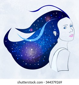 Portrait of a girl with her hair in space
