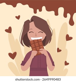 Portrait of girl holding a chocolate bar. Cartoon style flat illustration. Sweet food. Happy chocolate day.