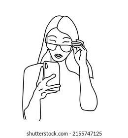 Portrait of a girl holding a mobile phone in her hand. Avatar female student with glasses. Internet and social media addiction. Vector flat illustration.
