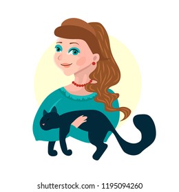 Portrait of a girl, hugs stroking a cat, love for pets, young beautiful girl with long hair. Avatar.Vector cute illustration.
