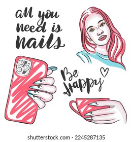 Portrait of a girl and long beautiful nails, a set with inscriptions and manicure, the concept of beauty services, doodle