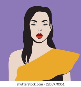 Portrait of a girl with long black hair in fashionable yellow clothes with red lips on a purple background. Vector illustration in flat style