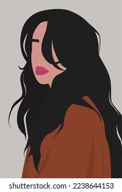 Retrato de una chica con el pelo largo negro. Imagen plana vectorial de una joven. Diseño para postales, avatares, afiches, fondos, plantillas, banners, textiles.