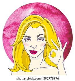 Portrait of a girl with long blond hair, showing OK