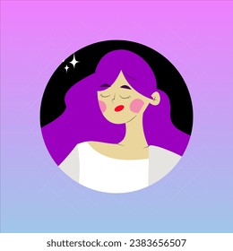 Portrait of a girl with long curly hair in minimalism abstract and caricature style. The concept of pleasure and tranquility. Vector illustration