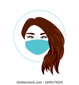 Portrait of a girl with long hair and a medical mask. Girl's face in a blue frame on a white background. Vector trendy illustration.