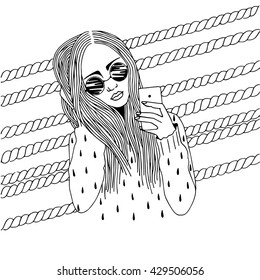 Portrait of girl with long hair in sunglasses making selfie in the mirror. Black and white hand drawing. Vector doodle illustration. 