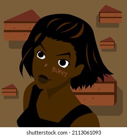 Portrait of a girl looking up. Background from chocolate cakes. Avatar for social networks. Vector illustration in a flat style.