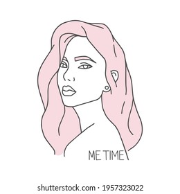 Portrait of a girl with magnificent hair, hairstyle. Asian model, beauty. Inscription me time. Vector illustration in sketch style. Outline drawing, fashion illustration. Self-care, cosmetic procedure