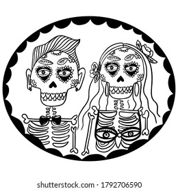 Portrait of a girl and a man skeleton. Dia de los Muertos mexican sugar. Design element for logo, label, emblem, sign, poster, t shirt. Vector illustrationIllustration of mexican sugar skull. Day of