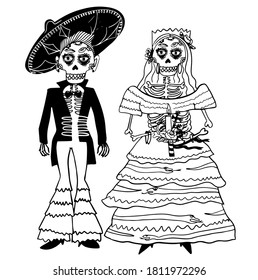 Portrait of a girl and a man skeleton. Dia de los Muertos mexican sugar. Design element for logo, label, emblem, sign, poster, t shirt. Vector Illustration of mexican sugar skull. Day of t