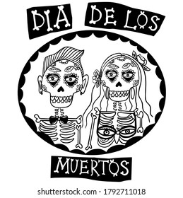 Portrait of a girl and a man skeleton. Mictlancihuatl. Dia de los Muertos mexican sugar. Design element for logo, label, emblem, sign, poster, t shirt. Vector illustration of mexican sugar s