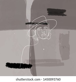 Portrait of a girl model in a hat drawn in a minimalist style with one black line on an abstract background with arbitrary color geometric details of pastel shades