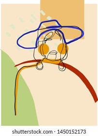 Portrait of a girl model in a hat drawn in a minimalist style with one black line on an abstract background with arbitrary color geometric details of pastel shades