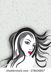 Portrait of a girl on musical notes background.