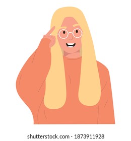 Portrait of a girl in an orange sweater with glasses with white hair, shows a finger to her head, flat illustration. Isolated on white background, mock up for website, advertising