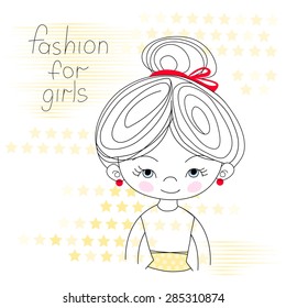 Portrait of a girl with a pencil yellow stars on a striped background vector illustration, T-shirt girl design