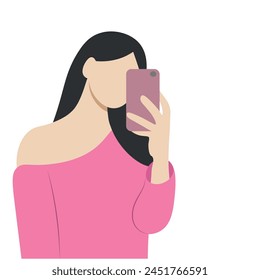 Portrait of a girl with a phone in her hand, selfie, isolate on white, faceless illustration, flat, Handmade