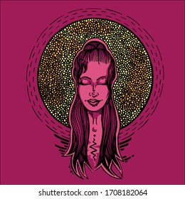 portrait of a girl with pink skin on the background of the moon