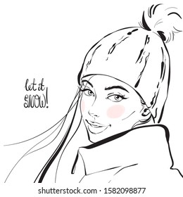 Portrait of a girl in a pompom hat. Vector hand-drawn illustration with "Let it snow!" text. Winter holiday sketch.