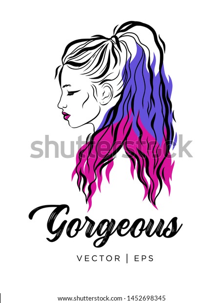 Portrait Girl Ponytail Hairstyle Line Drawing Stock Vector