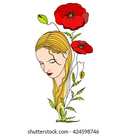 Portrait of a girl with a poppy, hand drawn vector illustration