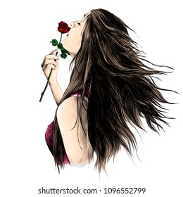 portrait of a girl in profile with her hair down and with a rose in her hand inhaling the smell of a flower, sketch vector graphics color drawing