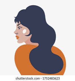 Portrait of a girl in profile. Long hair, puffy red lips. Body positive. Vector illustration.