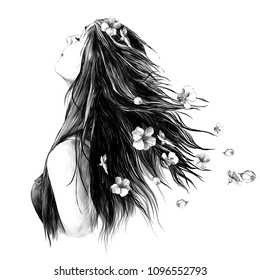 portrait of a girl in profile with loose hair and with Apple flowers in her hair, sketch vector graphics monochrome drawing