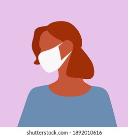 Retrato de una chica con máscaras protectoras de perfil. Ilustración plana vectorial aislada en fondo rosa.