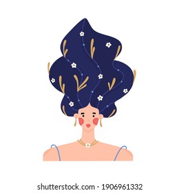 Portrait of girl with raised wavy hair decorated with many flowers. Floral hairpins. Woman with blooming hairstyle. Spring character. Beauty salon brochure, shampoo label, print for postcard. Vector