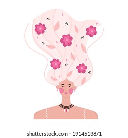 Portrait of girl with raised wavy hair decorated with many flowers. Floral hairpins. Woman with blooming hairstyle. Spring character. Beauty salon brochure, shampoo label, print for postcard. Vector