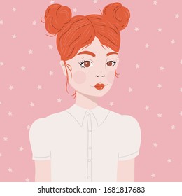 Portrait of a girl with red hair and double buns, in white blouse, on pink background with white stars, flat vector illustration