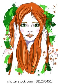Portrait of a girl with red hair. Vector fashion illustration on green abstract background. Print for T-shirt