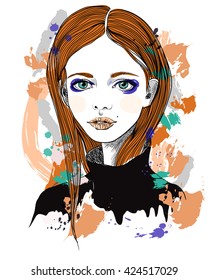 Portrait of a girl with red hair. Vector fashion illustration on abstract background. Print for T-shirt