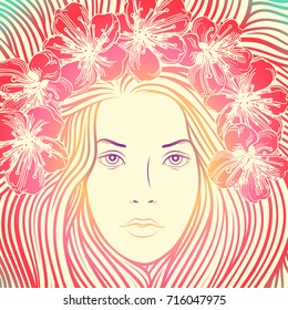 Portrait of a girl. Red and white color. A girl in a wreath of flowers. The girl is autumn. Symbol of fertility. Vector. Young woman of Slavic appearance.