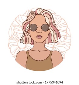 Portrait of a girl in round sunglasses. Pink hair, makeup. Abstract background of flowers. Graphic artwork, sticker design, banner, poster. Vector illustration in retro style. Hippie, funk, fashion.
