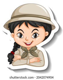 Portrait of girl in safari outfit cartoon character sticker illustration