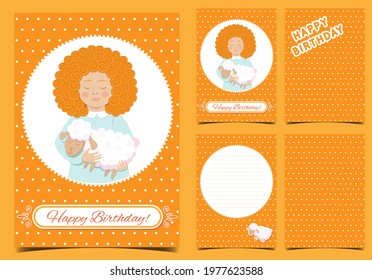 Portrait of a girl with a sheep. Red hair and freckles. Postcard. Happy birthday.  Congratulations. A card for children. Celebration. A beautiful picture. Vector illustration. Curly orange hair.