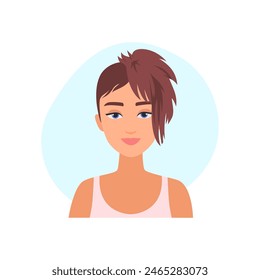 Portrait of girl with short brown hair and long trendy bangs vector illustration