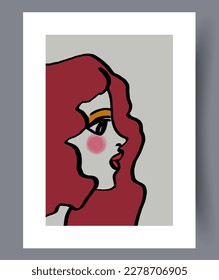 Portrait girl shy face wall art print. Printable minimal abstract girl poster. Wall artwork for interior design. Contemporary decorative background with face.