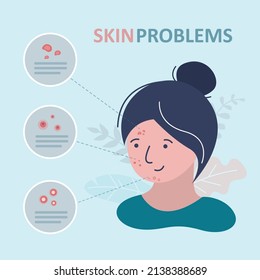 Portrait of girl with skin diseases on face. Template infographic with different skin problems. Female character suffering from acne and blackheads. Dermatology concept. Flat vector illustration